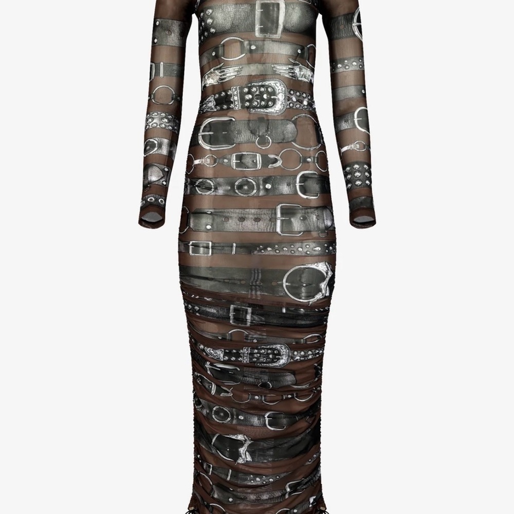Zana Bayne Brown Mesh Belt Pattern Long Sleeve Dress